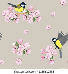 Seamless vector illustration with tits and cherry blossoms. For decorating textiles, packaging, covers, web design.