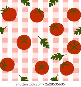 Seamless vector illustration of tomato pattern in minimalist, classic, retro, cute style with various shapes and colors. Suitable for fabric, kitchen decoration, packaging and digital applications.
