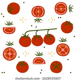 Seamless vector illustration of tomato pattern in minimalist, classic, retro, cute style with various shapes and colors. Suitable for fabric, kitchen decoration, packaging and digital applications.
