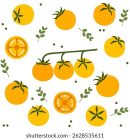 Seamless vector illustration of tomato pattern in minimalist, classic, retro, cute style with various shapes and colors. Suitable for fabric, kitchen decoration, packaging and digital applications.
