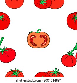 Seamless vector illustration with tomatoes on a white background.