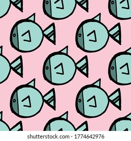 Nahtlose Vektorgrafik von Stamalstil Motif-Art blauer Fisch auf pastellrosa Hintergrund für die Herstellung von vielen Arten von Druck oder Textil-Grafik verwandt mit Aborigine, Maya, Inca, afrikanischen Stil trendy Stil