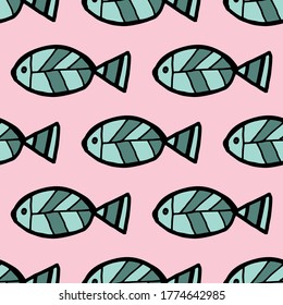 Seamless vector illustration of tribal style Motif art blue fish on pastel pink background for making many kinds of printing or textile graphic related Aboriginal, Maya, Inca, African trendy style