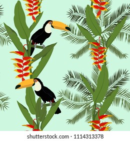 Seamless vector illustration with a tropical bird toucan and flowers of heliconia. For decoration of textiles, packaging and web design.