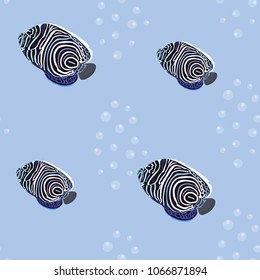 Seamless vector illustration with tropical fishes imperial angel on blue background. For decorating textiles, packaging, wallpapers and web design.