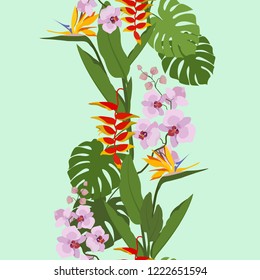 Seamless vector illustration with tropical flowers. Vertical. For decorating textiles, packaging, wallpaper, covers.