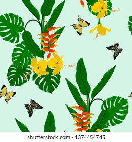 Seamless vector illustration with tropical flowers and butterflies. For decoration of textiles, packaging, web design.