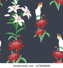 Seamless vector illustration with tropical flowers etlingera high,lily and parrot on a black background. For decorating textiles, packaging, wallpaper.