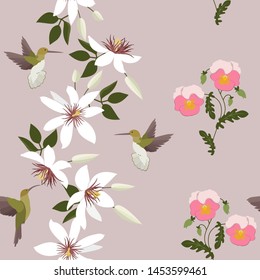Seamless vector illustration with tropical flowers Passiflora and birds. For decorating textiles, packaging, wallpaper.