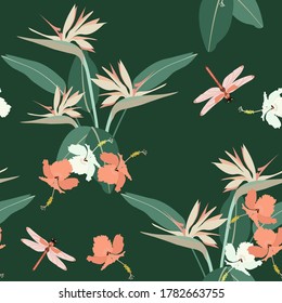 Seamless vector illustration with tropical flowers and dragonflies on a dark green background. For decoration of textiles, packaging, web design.
