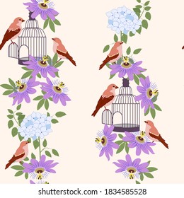 Seamless vector illustration with tropical flowers Passiflora, hydrangea and birds on a beige background. For decorating textiles, packaging, wallpaper. Vertical.