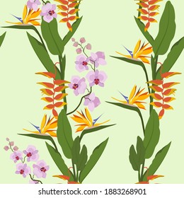 Ilustración vectorial sin foco con hojas tropicales, flores y mariposas sobre un fondo blanco. Para la decoración de textiles, embalajes, papel pintado.