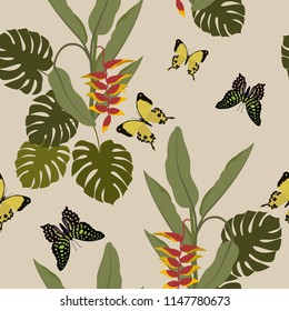 Seamless vector illustration with tropical plants and butterflies on a beige background. For decoration of textiles, packaging and web design.