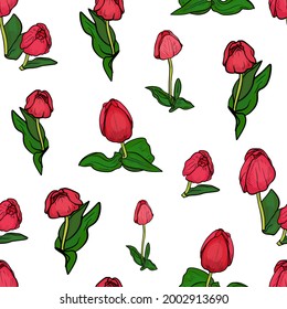 Seamless vector illustration of tulips. Floral pattern for printing on fabric, posts, clothes, utensils, postcards for women's day, congratulations, florists, agriculture