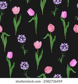 Seamless vector illustration with tulips flowers and agapanthus on a black background. For decorating textiles, packaging, wallpaper.