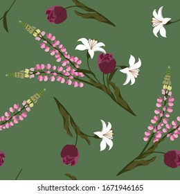 Seamless vector illustration with tulips, lupine and lily on a green background. For decorating textiles, packaging, wallpaper.