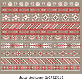 Seamless vector illustration of Ukrainian embroidery with geometric ornaments in red and white traditional style