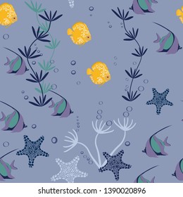 Seamless vector illustration. Underwater world with beautiful fish. For decoration of textiles, packaging, wallpaper.