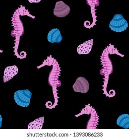 Seamless vector illustration. Underwater world with seahorse. For decoration of textiles, packaging, wallpaper.