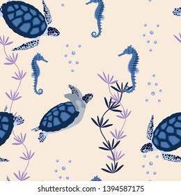 Seamless vector illustration. Underwater world with beautiful fish and turtle. For decoration of textiles, packaging, wallpaper.