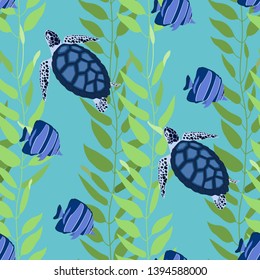 Seamless vector illustration. Underwater world with beautiful fish and turtle. For decoration of textiles, packaging, wallpaper.