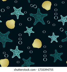Seamless vector illustration. Underwater world with beautiful starfish and shells on a black background. For decoration of textiles, packaging, wallpaper.