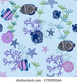 Seamless vector illustration. Underwater world with beautiful fish and shells on a blue background. For decoration of textiles, packaging, wallpaper.
