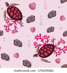 Seamless vector illustration. Underwater world with beautiful fish and turtle on a pink background. For decoration of textiles, packaging, wallpaper.