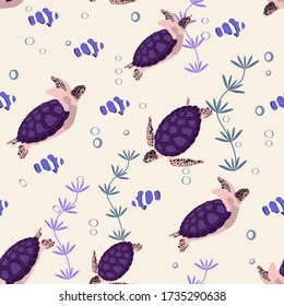 Seamless vector illustration. Underwater world with beautiful fish and turtle on a beige background. For decoration of textiles, packaging, wallpaper.