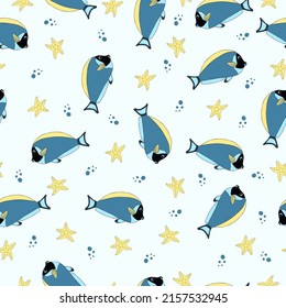 Ilustración vectorial sin inconvenientes. Mundo submarino con hermosos peces, estrellas de mar y burbujas. 