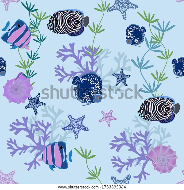 シームレスなベクターイラスト 青の背景に海中の世界と美しい魚と貝 織物 包装 壁紙の装飾用 のベクター画像素材 ロイヤリティフリー