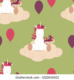 Seamless vector illustration with a unicorn and balloons on a green background. For decorating textiles, packaging and wallpaper. Template for the album.