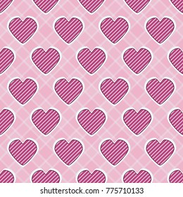 Seamless vector illustration of Valentine's Day. Decorative striped heart, abstract checkered background