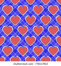 Seamless vector illustration of Valentine's Day. Decorative striped heart, abstract checkered background