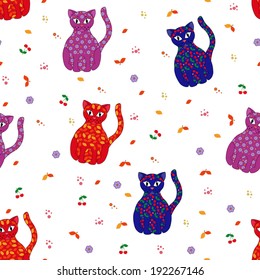 Seamless vector illustration with various multicolor stylized cats