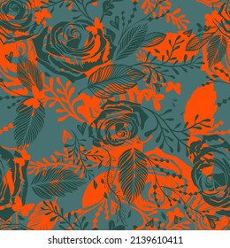 Seamless vector illustration vintage pattern with bouquet of blue flowers and orange butterflies. Peonies, roses, sweet peas, bell. Monochrome Vintage background.