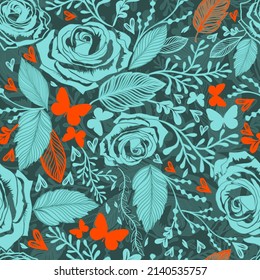 Seamless vector illustration vintage pattern with bouquet of blue flowers and orange butterflies. Peonies, roses, sweet peas, bell. Monochrome.