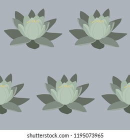 Seamless vector illustration with water lily on a gray background. For decorating textiles, packaging, covers.