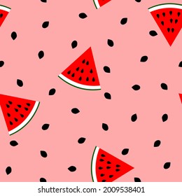 Ilustración vectorial sin foco de las mitades de sandía con semillas sobre fondo rojo claro.
