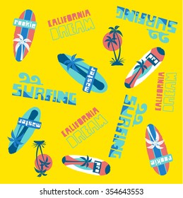 Seamless vector illustration. wave surfing boards.T-Shirt Design for children. Design elements for kids. Vector illustration.
