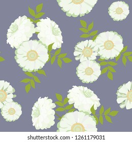 Seamless vector illustration with white chrysanthemums on a dark background. For decorating textiles, packaging, web design.
