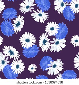 Seamless vector illustration with white gerbera and chrysanthemum on dark background. For textile decoration, packaging, web design.