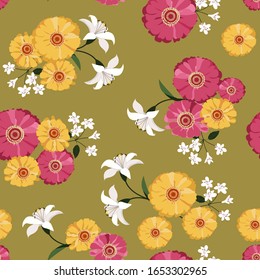 Seamless vector illustration with white lily and daisy. For decorating textiles, packaging, web design.