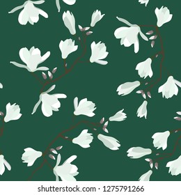 Seamless vector illustration with white magnolia flowers on a green background. For decorating textiles, packaging, wallpaper.