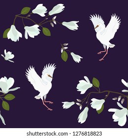 Seamless vector illustration with white magnolia flowers and birds. For decorating textiles, packaging, wallpaper.