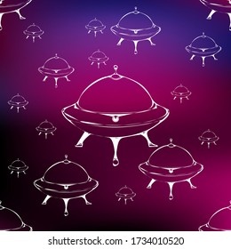 Seamless vector illustration of white outline UFO or unidentified flying objects on blue purple holographic background, modern pattern for making many kinds of artwork media, printing or textile