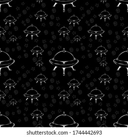 Seamless vector illustration of white outline UFO or unidentified flying objects and stars on black background, modern pattern for making many kinds of artwork media, printing or textile