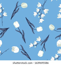 Seamless vector illustration with white tulips and campanula on a blue background. For decorating textiles, packaging, wallpaper.