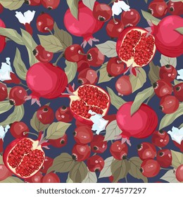 Seamless vector illustration of wild apples with pomegranate, on a dark background. Perfect for decorating textiles or packaging.