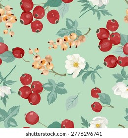 Seamless vector illustration of wild apples, berries with anemone, on a turquoise background. Perfect for decorating textiles or packaging.